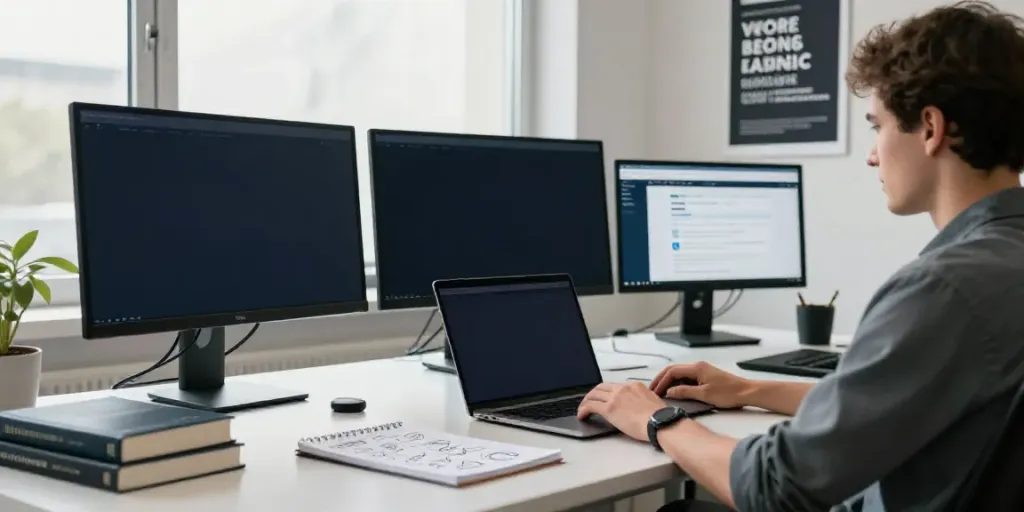 Developer optimizing uk web hosting environment in modern workspace
