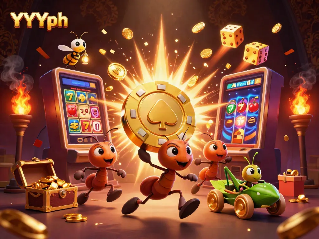 Experience the excitement at YYYph with a whimsical heist scene featuring ants, gold, and slot machines.