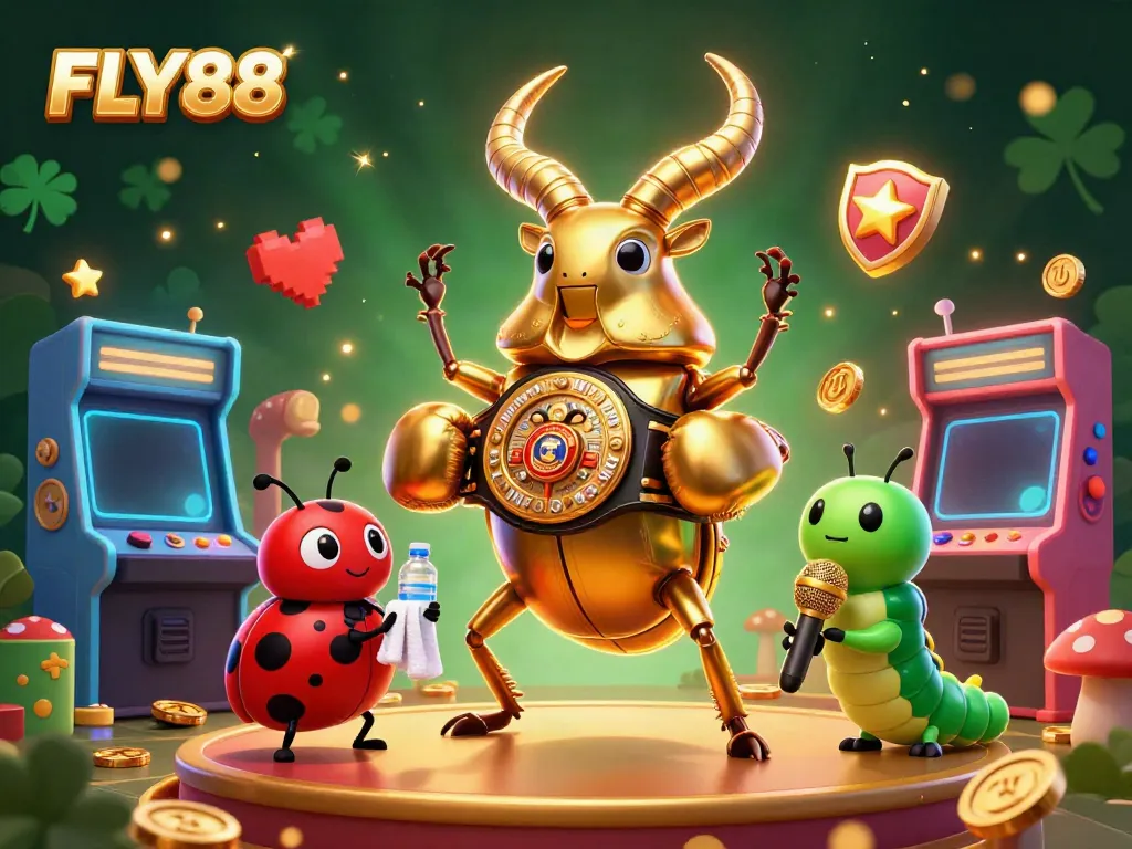 FLY88 casino-themed illustration with a giant stag beetle champion, ladybug corner-man, and caterpillar announcer.