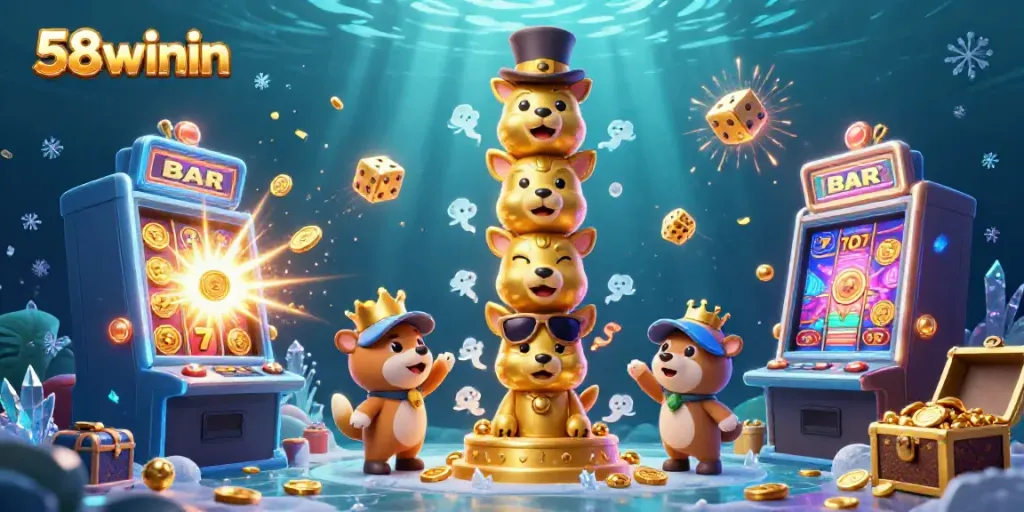 Experience excitement with 58winin's vibrant 3D casino illustration featuring a golden totem and slot machine jackpot.