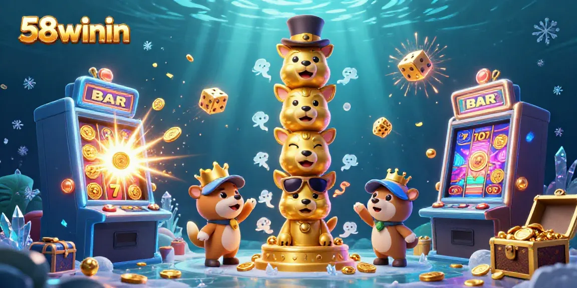 Experience excitement with 58winin's vibrant 3D casino illustration featuring a golden totem and slot machine jackpot.