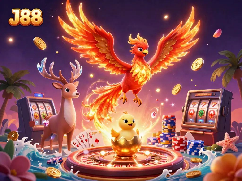 Win big at J88 with a vibrant 3D phoenix soaring amidst casino treasures and dynamic game elements.