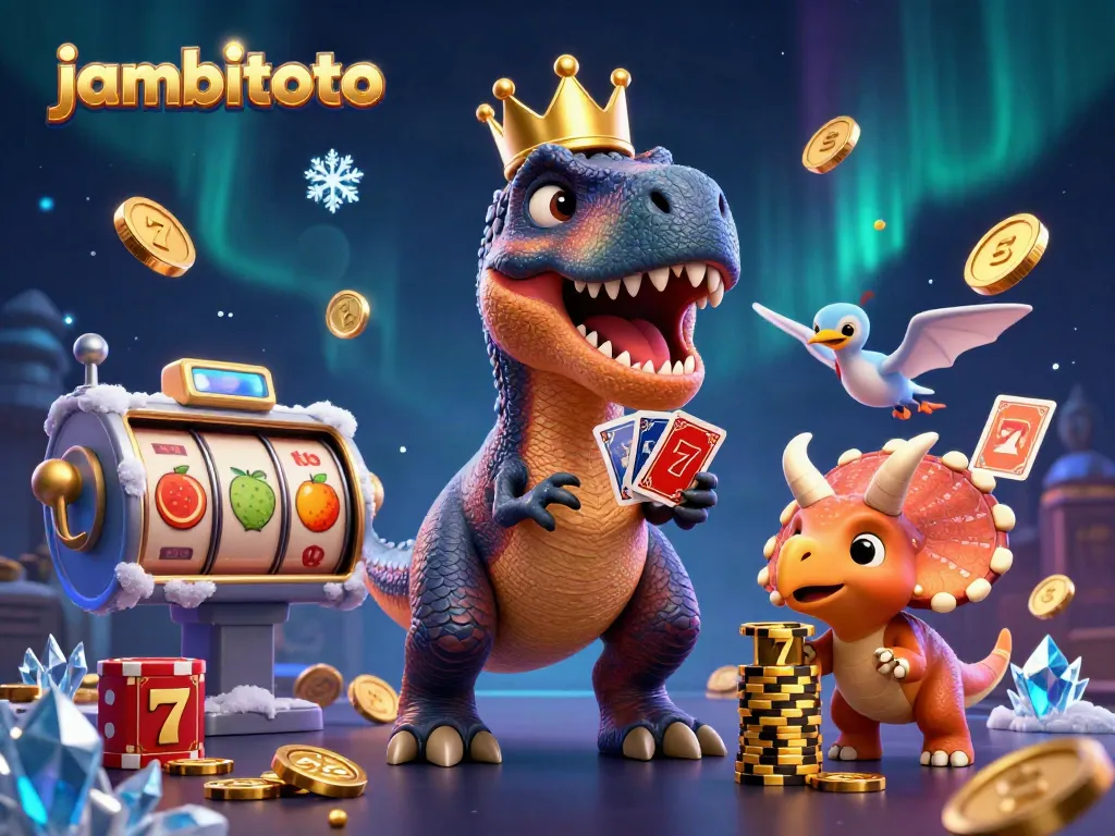 Engage with the thrilling jambitoto casino scene featuring a T-Rex shuffling cards and dynamic gambling elements.