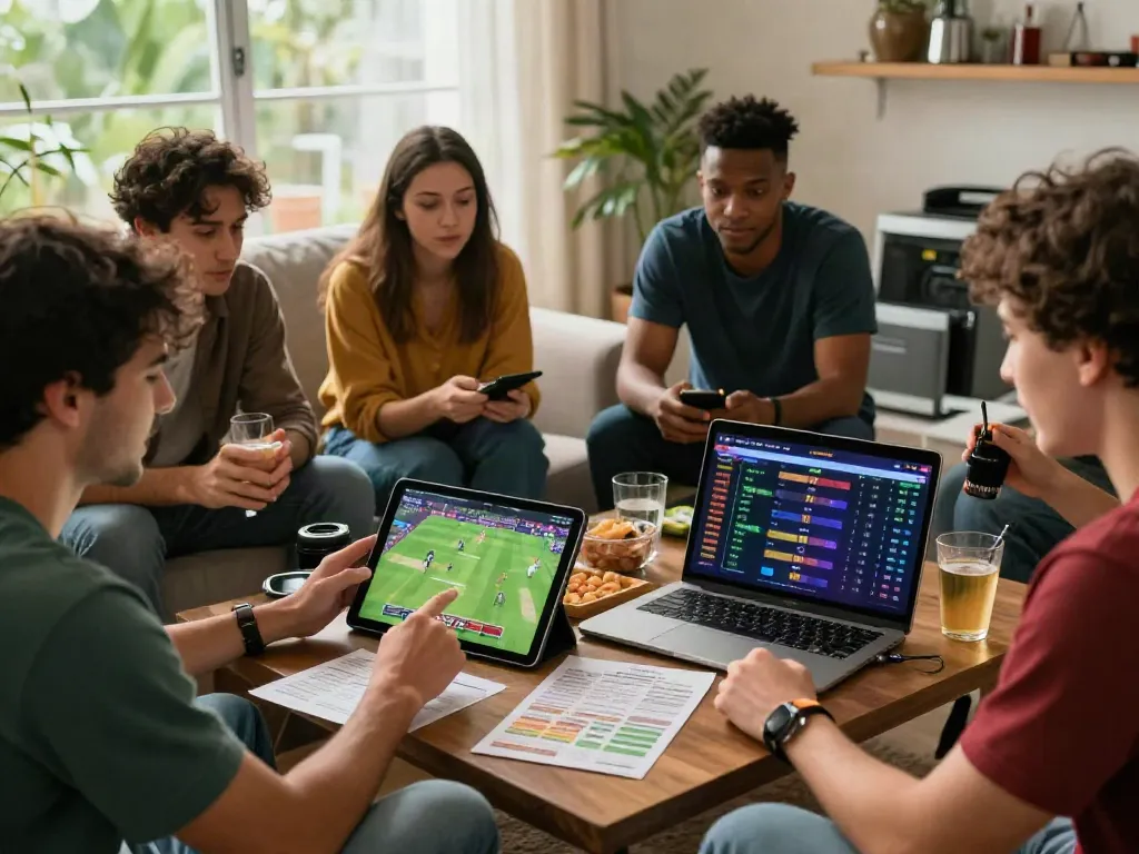 Exciting sports betting scene with friends discussing odds on lotus365 while watching a cricket match