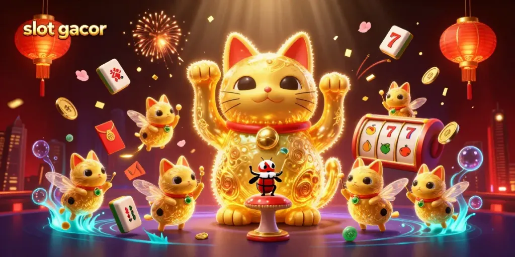 Menghidupkan pengalaman slot gacor dengan ilustrasi 3D yang dinamis, menampilkan kucing keberuntungan dari kunang-kunang yang bersinar.