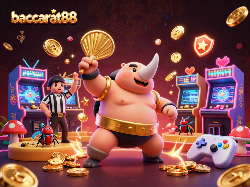 Baccarat88 showcases a vibrant 3D cartoon beetle champion in a dynamic casino scene with colorful game elements.