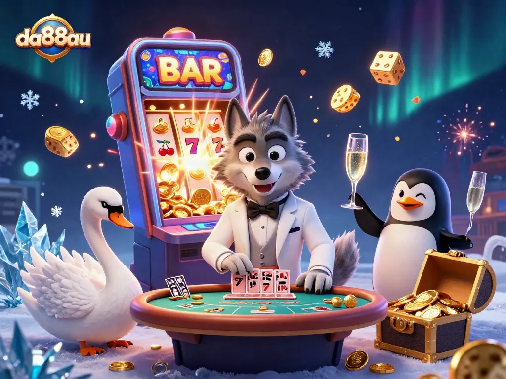 Experience the thrill of gaming at da88au with a vibrant casino scene depicting a debonair wolf, elegant swan, and penguin sommelier.