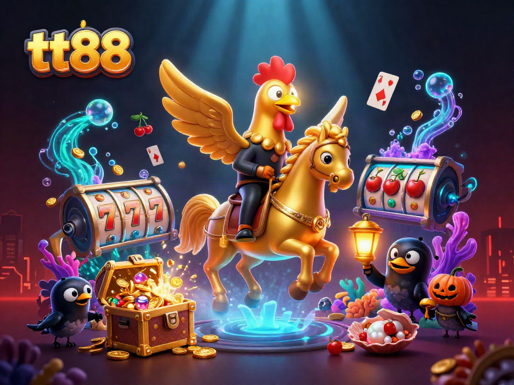 Experience thrilling jackpot wins at tt88 with vibrant 3D illustrations of golden roosters and casino elements!