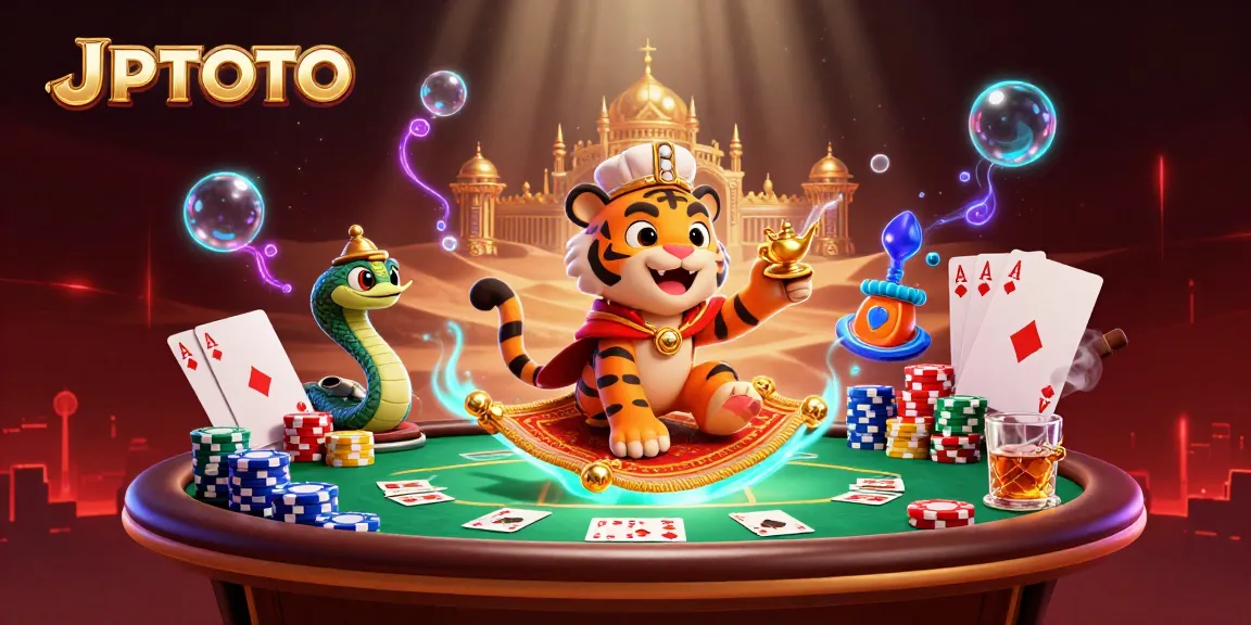 Engage with JPTOTO in a vibrant casino scene filled with poker elements and adventure.