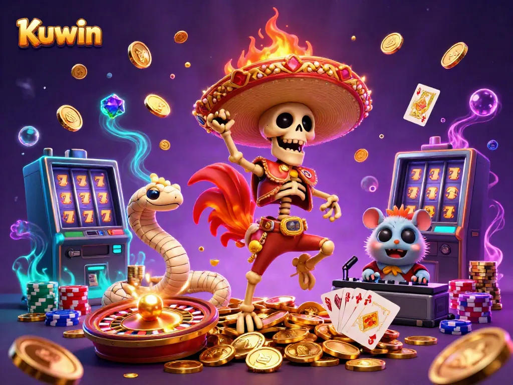 Kuwin's festive gaming scene with a mariachi rooster, mummy snake, and DJ hamster celebrating on golden coins