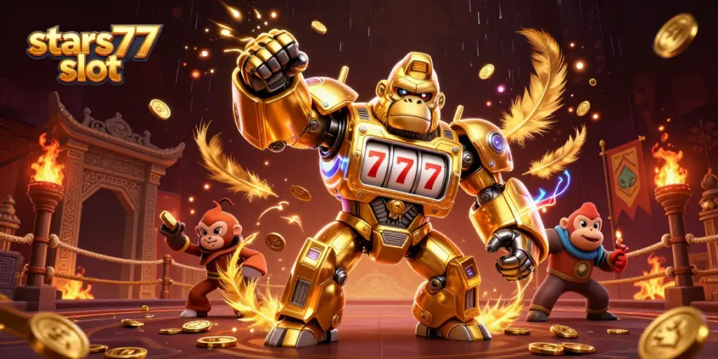 Menangkan permainan dengan stars77 slot yang menarik, di mana gorila emas futuristik beraksi di arena taruhan.