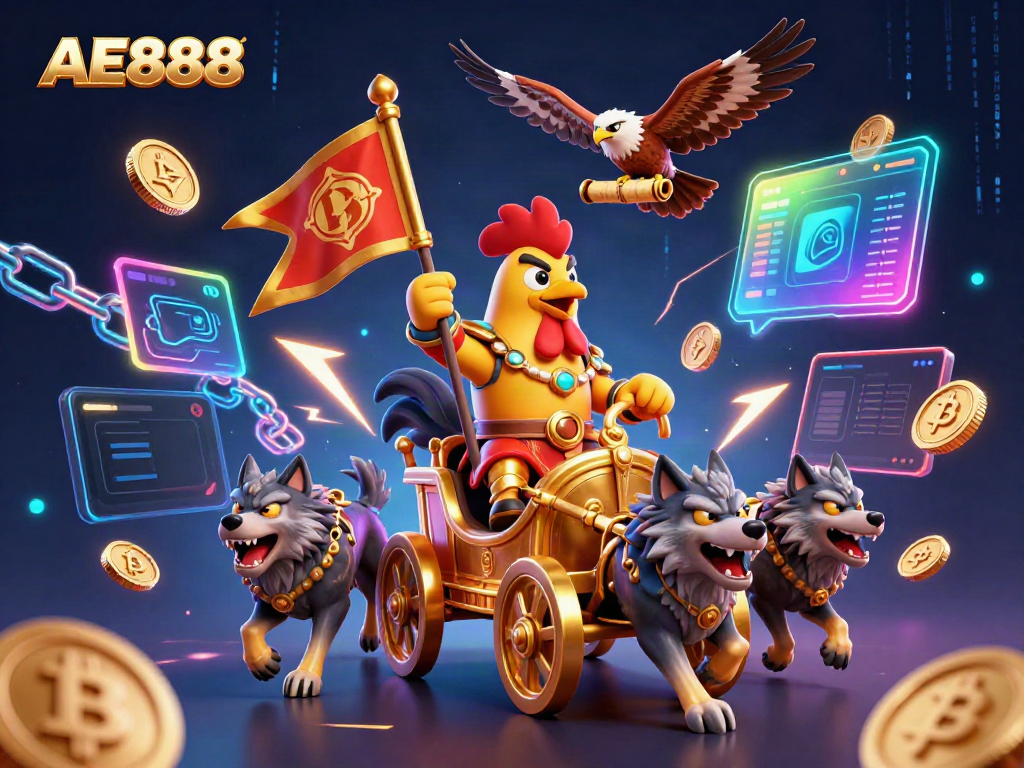 Experience thrilling gameplay with AE888's vibrant rooster warlord and dynamic casino elements