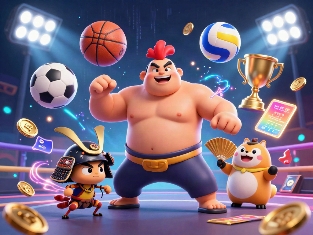 Experience the excitement of uy88 with a powerful sumo wrestler, samurai cricket and tanuki announcer in a vibrant casino scene.
