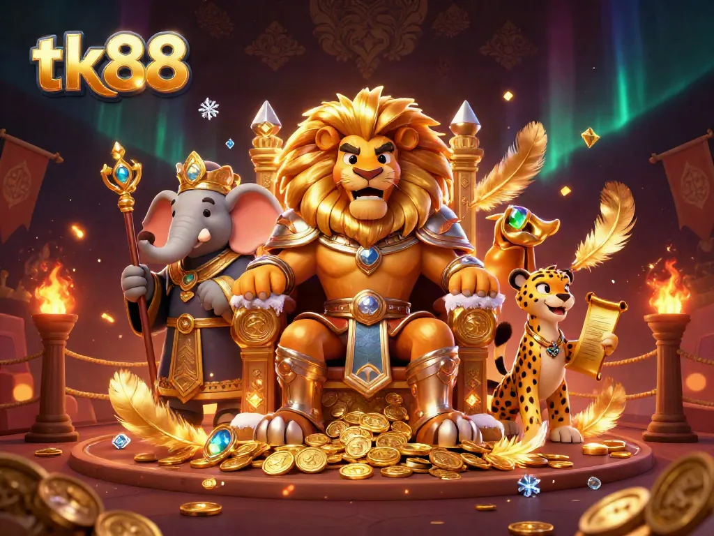 Experience thrilling gameplay at tk88 with a majestic lion king on a golden throne in a vibrant 3D casino.
