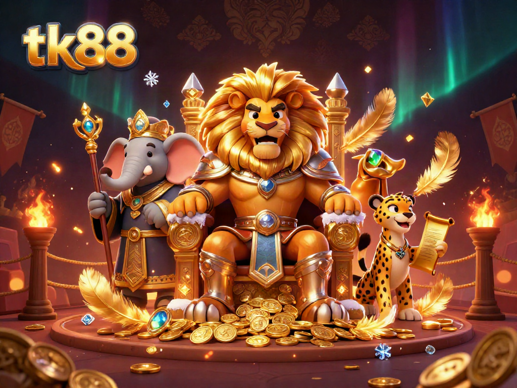 Experience thrilling gameplay at tk88 with a majestic lion king on a golden throne in a vibrant 3D casino.
