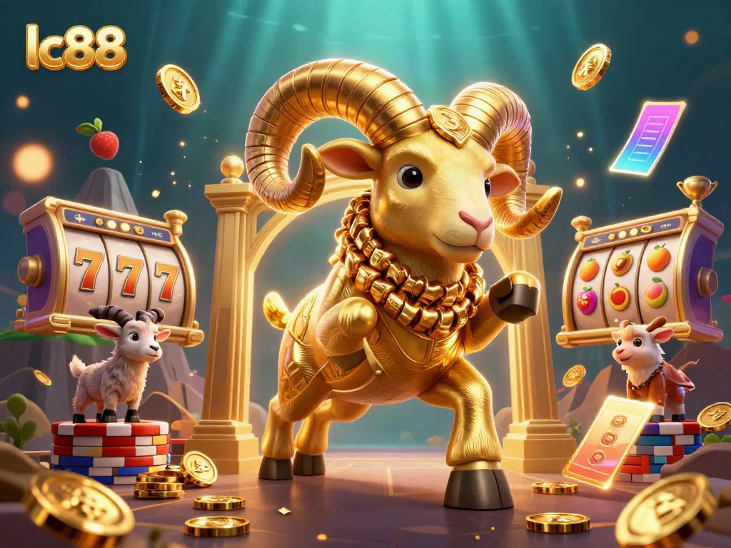 Engage with the excitement of lc88 as a golden ram charges through a vibrant casino scene.