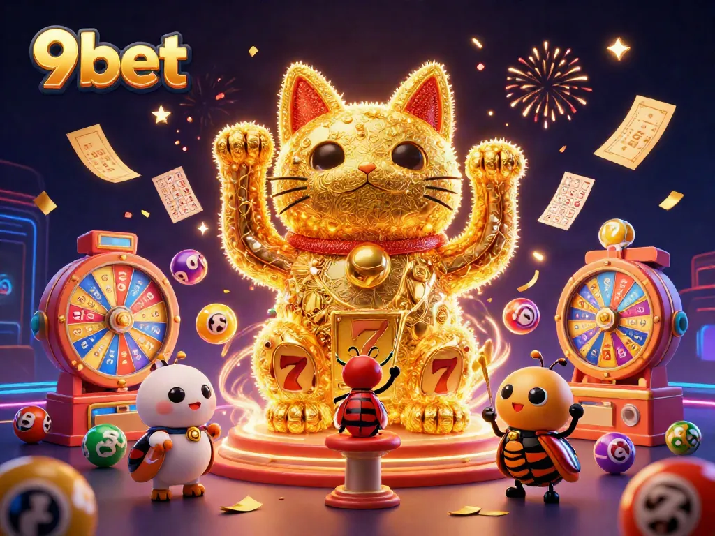 Experience the excitement of 9bet with a vibrant, energetic illustration showcasing the lucky cat and casino symbols.