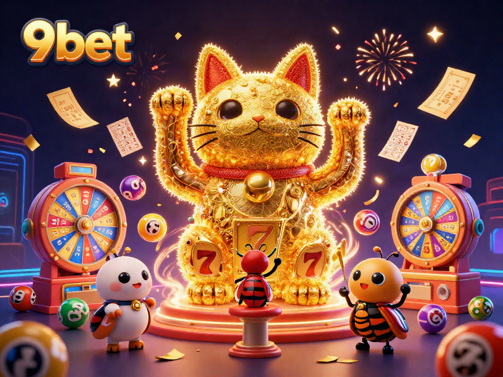 Experience the excitement of 9bet with a vibrant, energetic illustration showcasing the lucky cat and casino symbols.