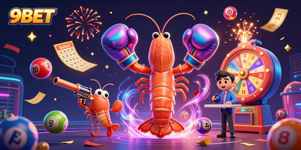 Engage with 9BET's vibrant casino atmosphere featuring playful characters and dynamic gaming elements.