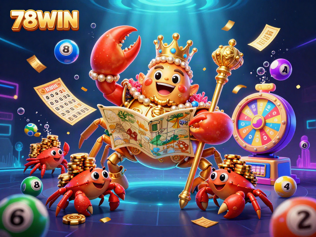 Engage in exciting gaming adventures with 78WIN, featuring dynamic lottery balls and a majestic crab emperor.