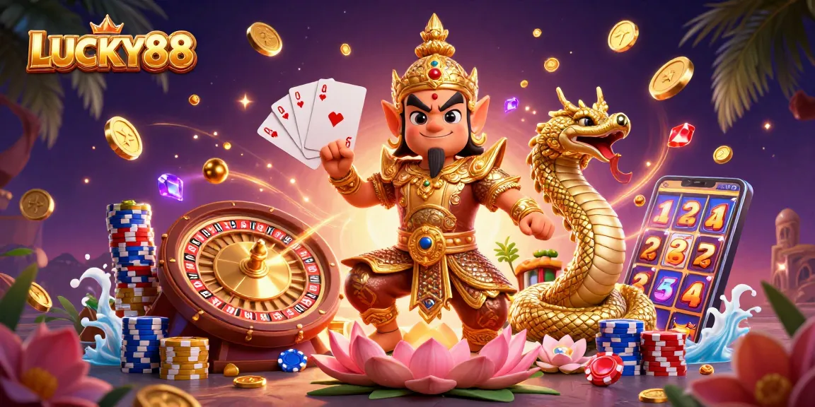 Experience the thrill of LUCKY88 with dynamic casino elements, featuring a friendly guardian and rich visuals.