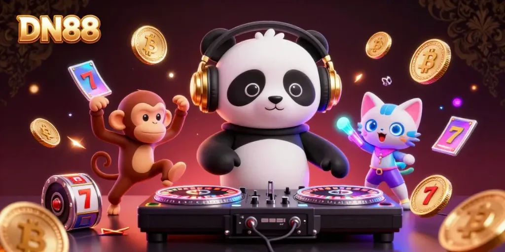 DJ panda hosting a vibrant casino scene with Bitcoin and slot reels at DN88.