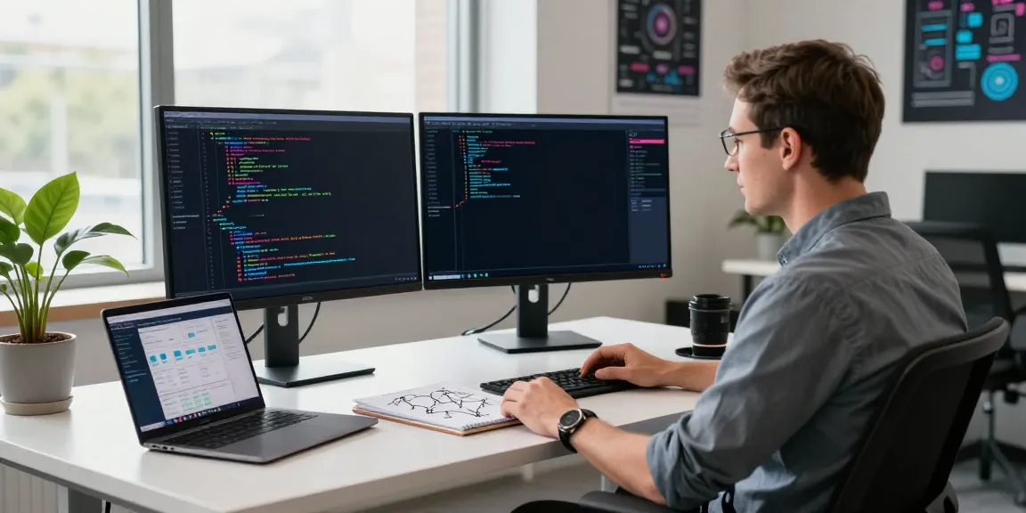 Neil Lock in a tech workspace with dual monitors, code, and a modern office atmosphere.