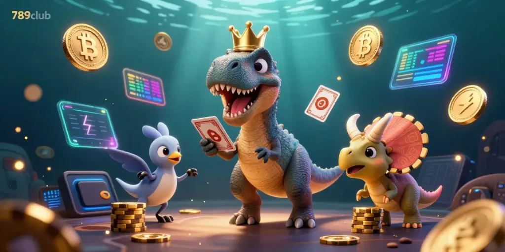 Engage in exciting gaming with 789club's colorful 3D casino illustration, featuring a card-shuffling T-Rex and vibrant crypto elements.