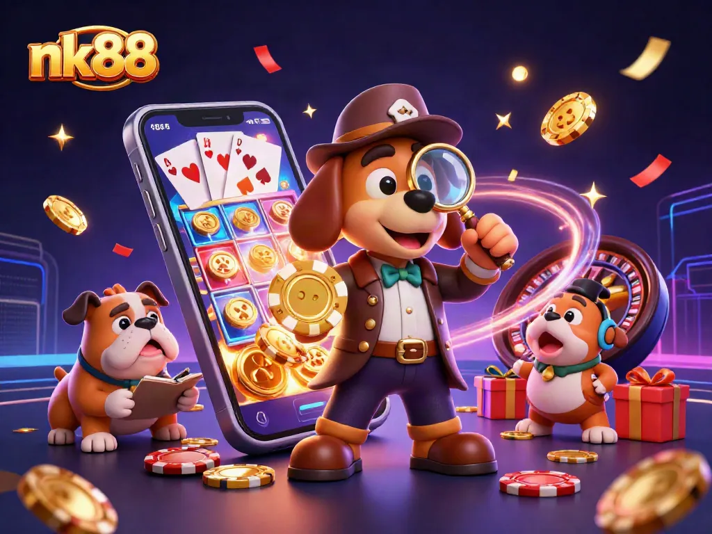Engage with thrilling slot games at nk88, where a detective and bulldog uncover clues amidst vibrant casino elements.