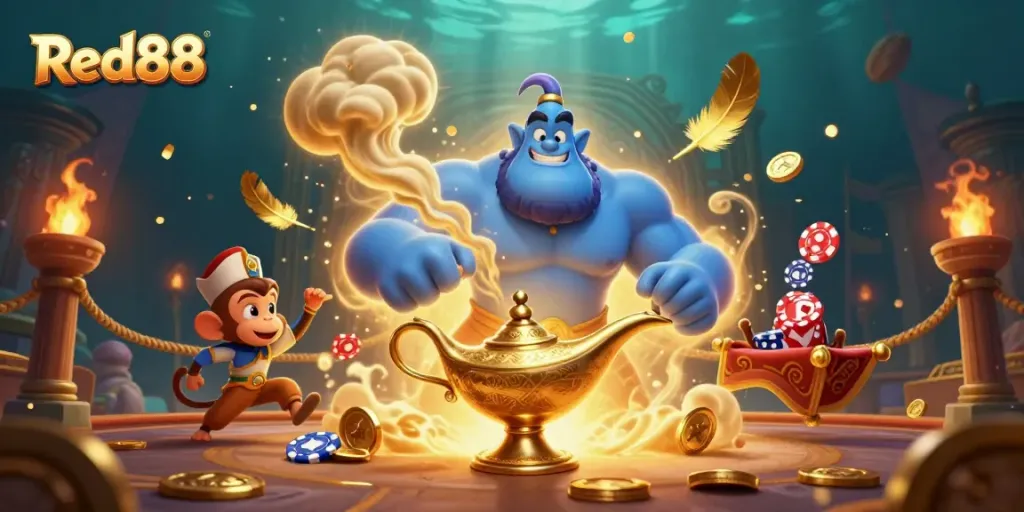 Experience the thrill of gambling with Red88's exciting casino atmosphere, vividly illustrated with enchanting characters