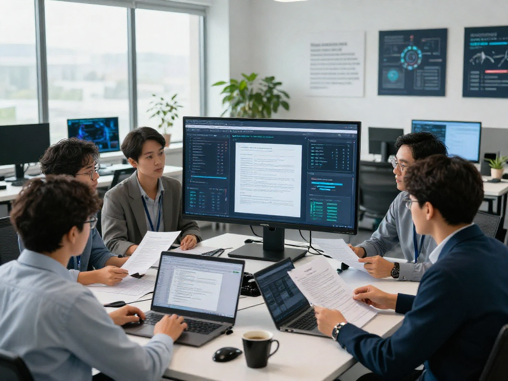 Document fraud detection team analyzing real-time data in a modern cybersecurity office.