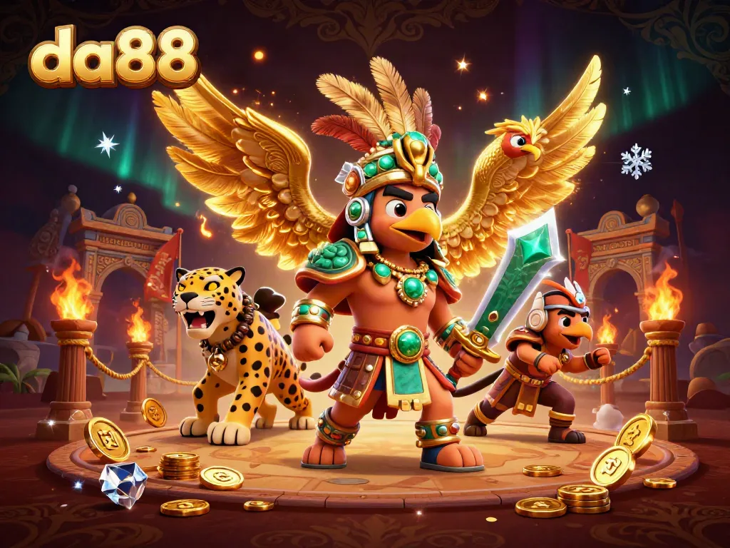 Engage with da88's vibrant 3D casino scene featuring warriors, golden coins, and thrilling betting elements.