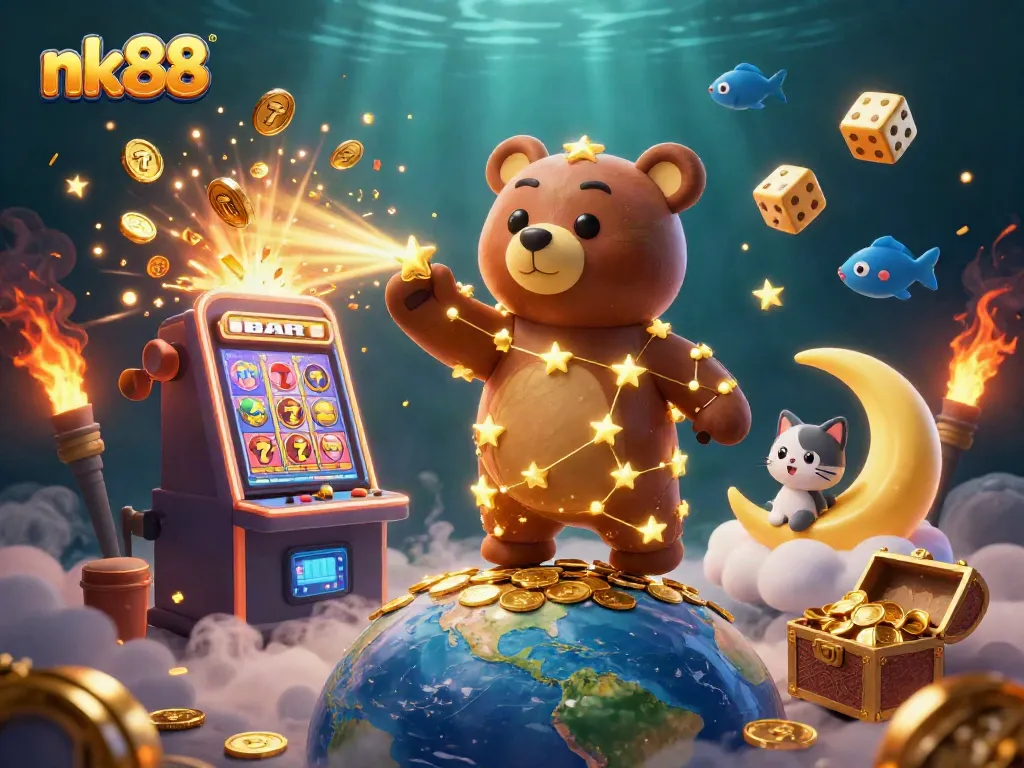nk88 brings the excitement of online slots to life with a dazzling 3D illustration of a cosmic casino