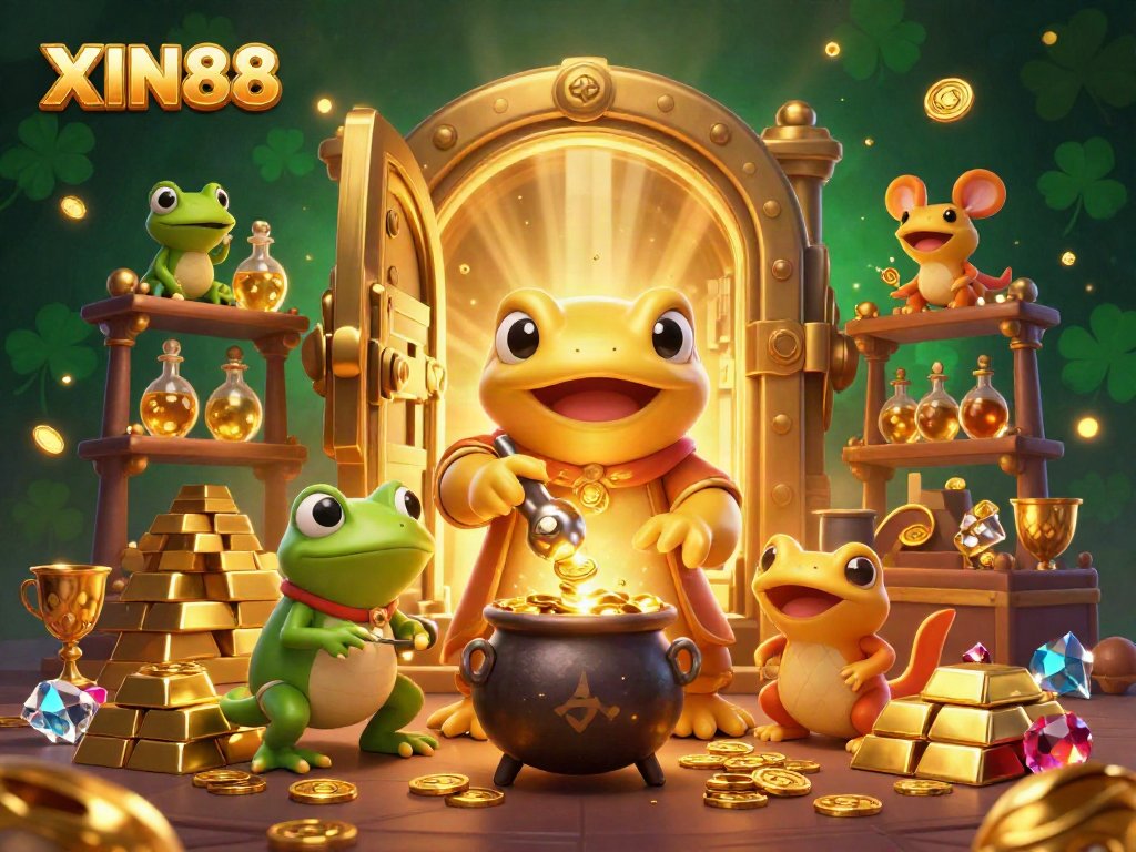 XIN88 showcases an enchanting alchemist and assistants conjuring gold coins in a lavish medieval casino scene.