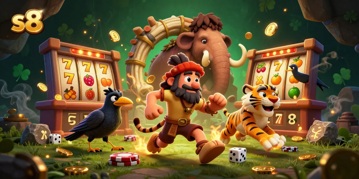 S8's exciting casino scene with a caveman, sabertooth tiger, and crow highlighting slot games and vivid fruit symbols.