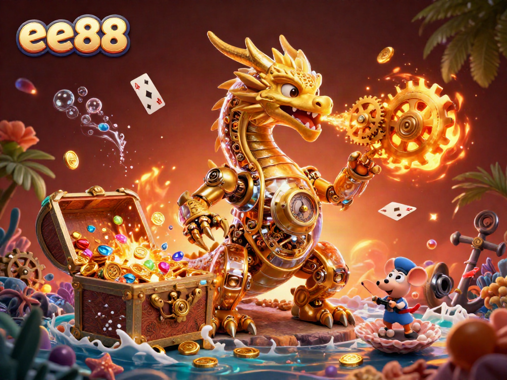 Play exciting games and win big at ee88, featuring a dynamic casino scene with colorful treasures.