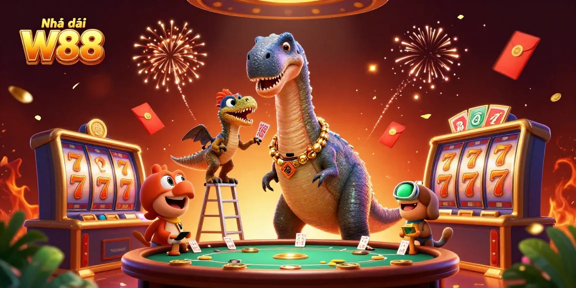 Engage with Nhà cái W88 in a vibrant 3D casino scene featuring action and excitement.