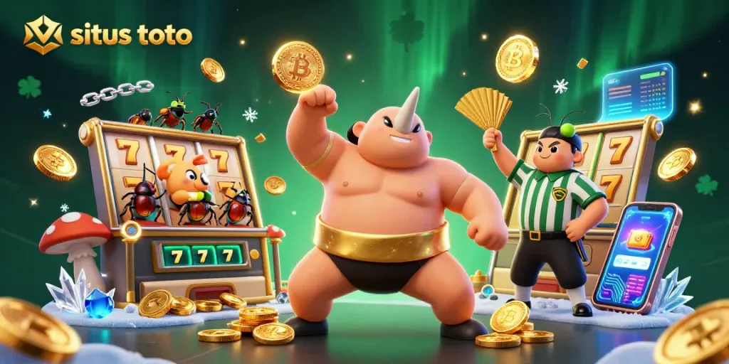 Engage in thrilling slots at situs toto with dynamic 3D characters amid flying coins and vibrant crypto elements.
