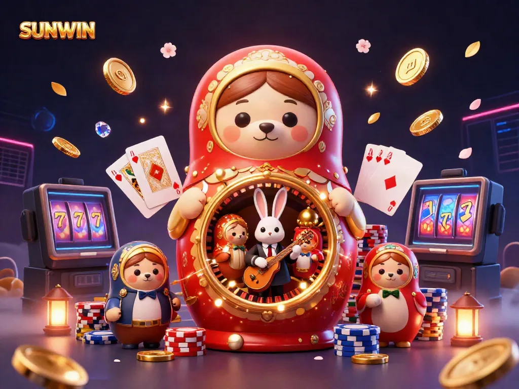 SUNWIN casino-themed cartoon illustration featuring bears revealing smaller bears in dealer outfits surrounded by poker chips and cards.