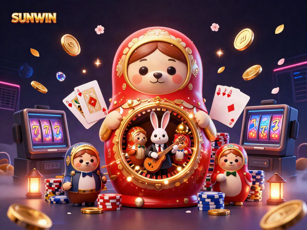 SUNWIN casino-themed cartoon illustration featuring bears revealing smaller bears in dealer outfits surrounded by poker chips and cards.
