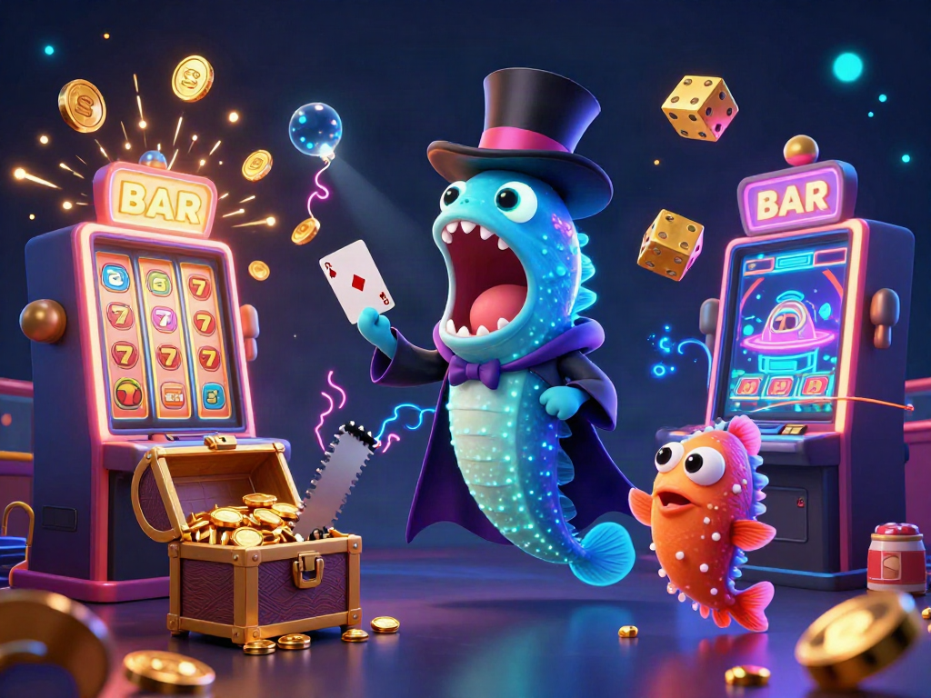 Experience the magic of 8xbetsh with an enchanting casino-themed scene featuring playful underwater characters and vibrant jackpot explosions.