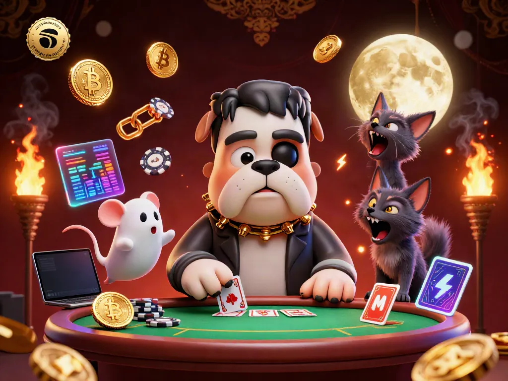Play cards at sunwin chính hãng with an energetic Frankenstein bulldog monster and friends in a vibrant casino scene.