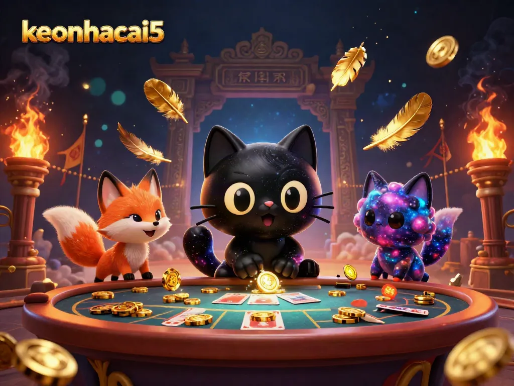Engage with keonhacai5's cosmic casino scene featuring a black hole cat and a nebula fox amidst golden chips.