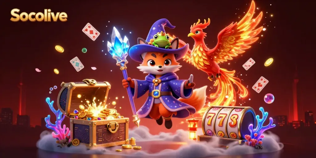 Experience Socolive's engaging gaming world with the wizard fox and phoenix, surrounded by treasure and slot elements.
