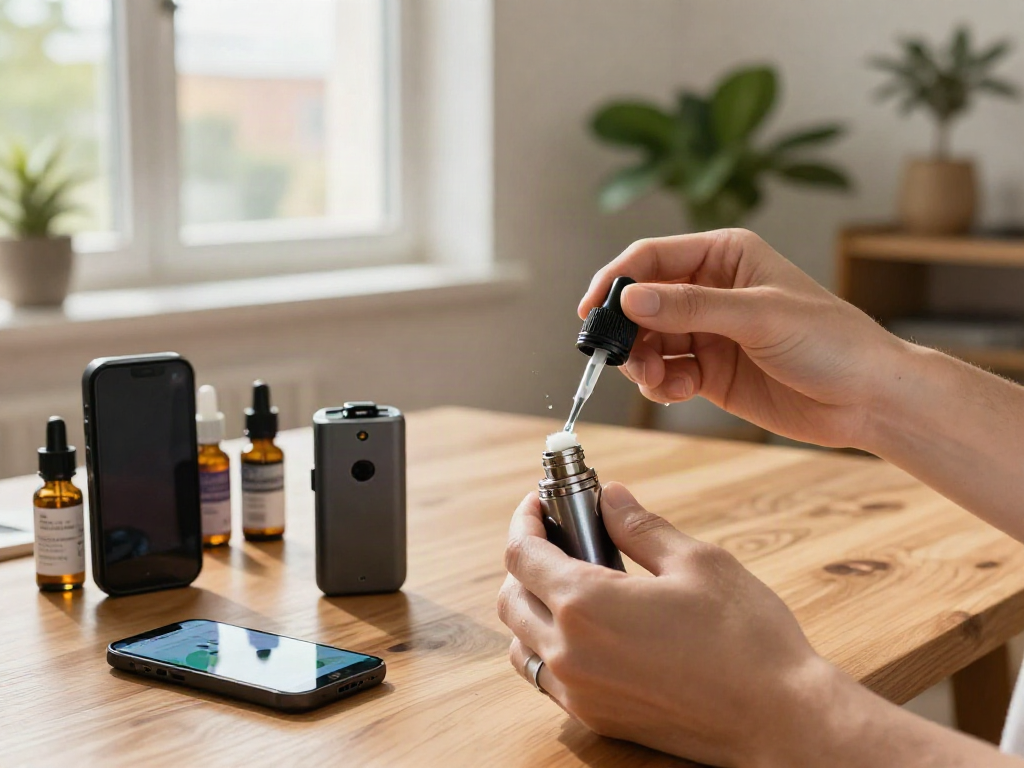 Close-up of how to prime a vape coil with e-liquid, showcasing vibrant vaping setup.