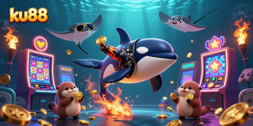 Join the excitement with ku88 as the orca jumps and sea otters celebrate with golden coins in a vibrant casino scene