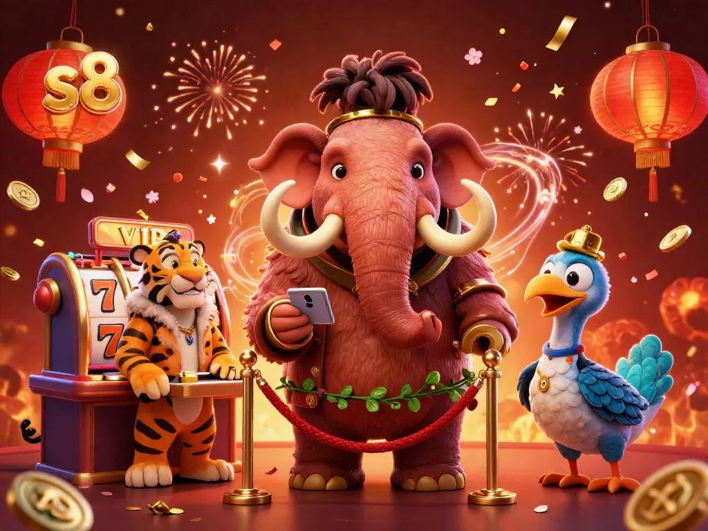 Experience luxurious gaming at S8 with a vibrant casino scene featuring unique characters and dynamic elements.