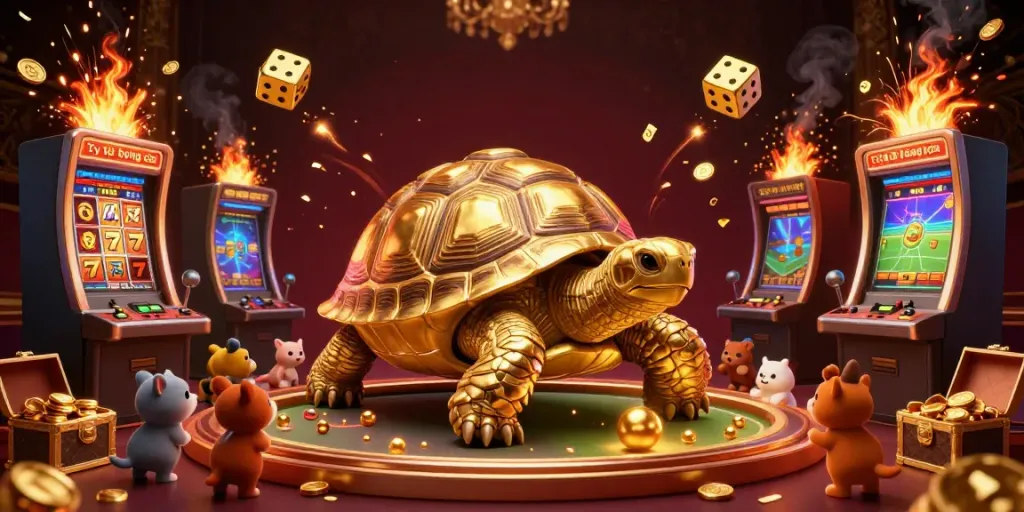 Tỷ lệ bóng đá sports betting scene with a golden tortoise pinball and jackpot slots overflowing with coins.