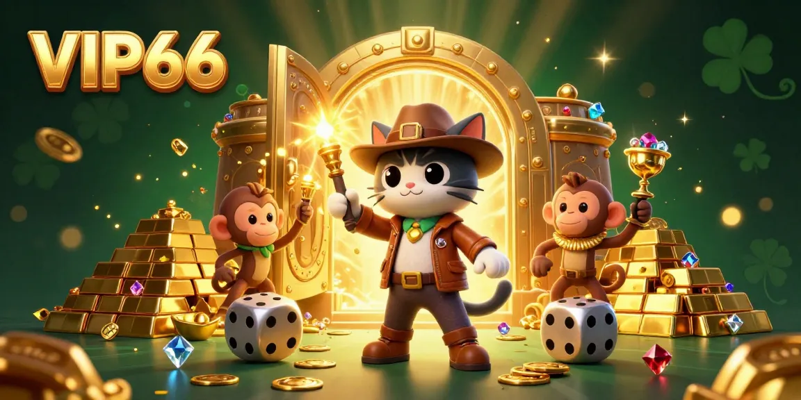 Experience the excitement of VIP66 with a cartoon explorer cat and monkey discovering treasure in a vibrant casino.