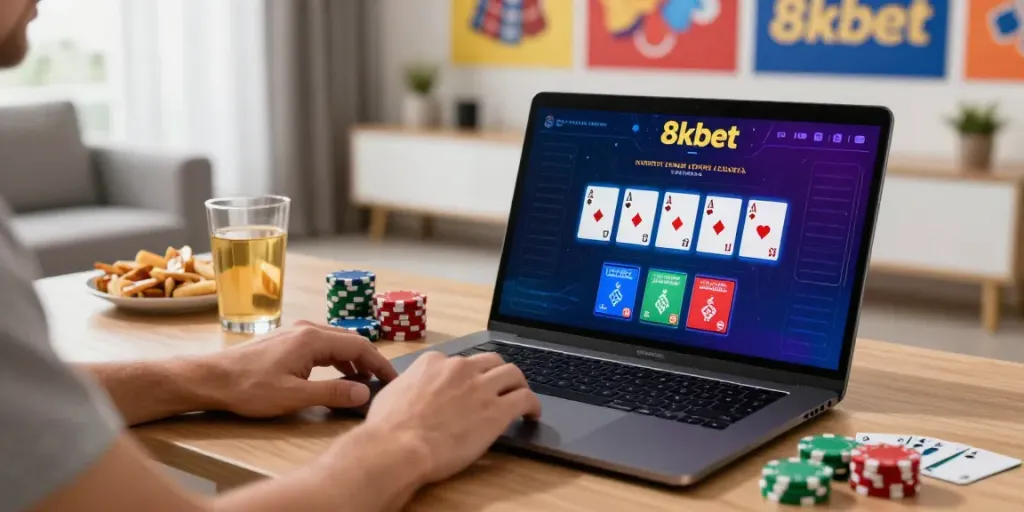 Player enjoying live casino games on 8kbet platform with vibrant graphics and snacks.